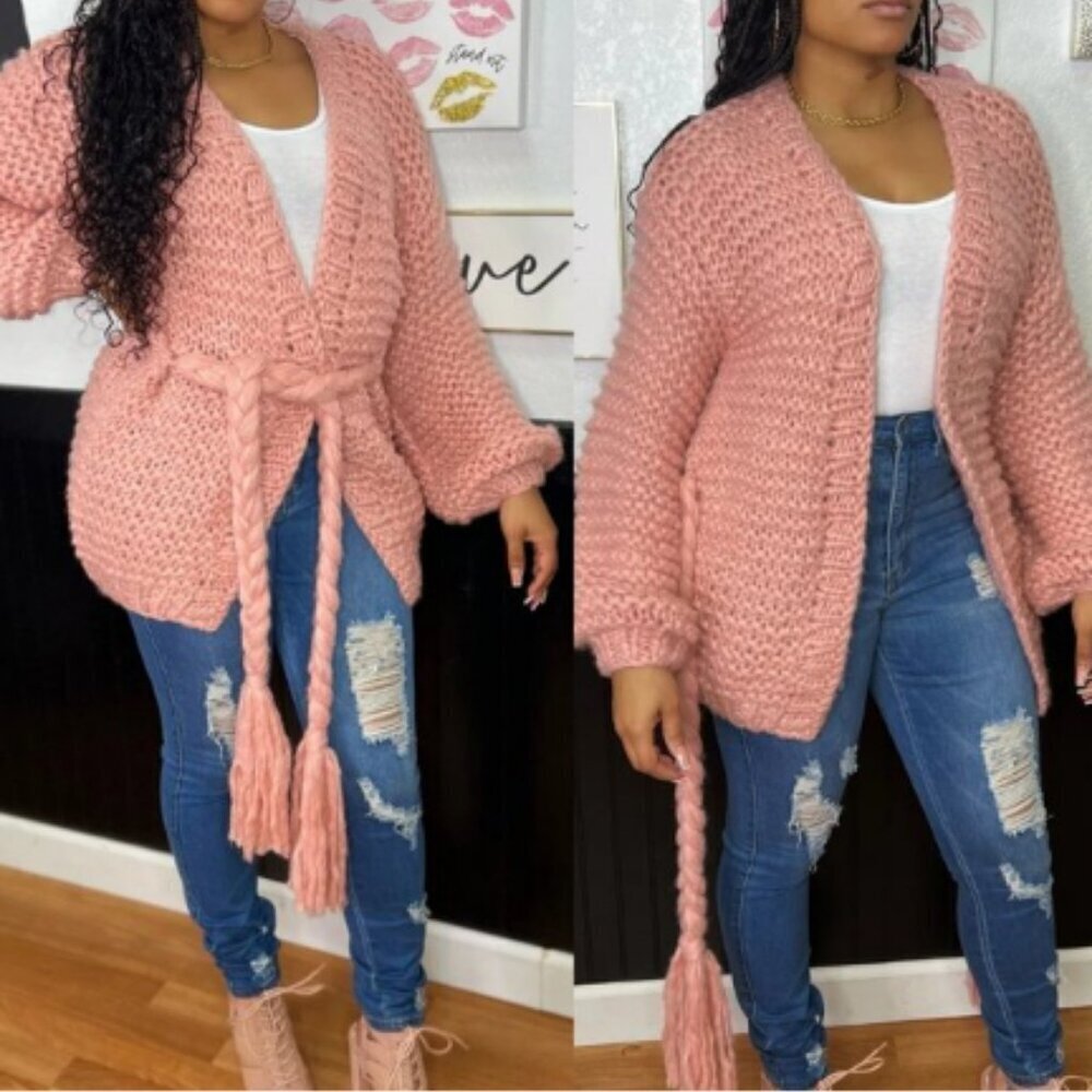 LONG SLEEVE SELF TIE OPEN FRONT KNIT SWEATER CARDIGAN pink